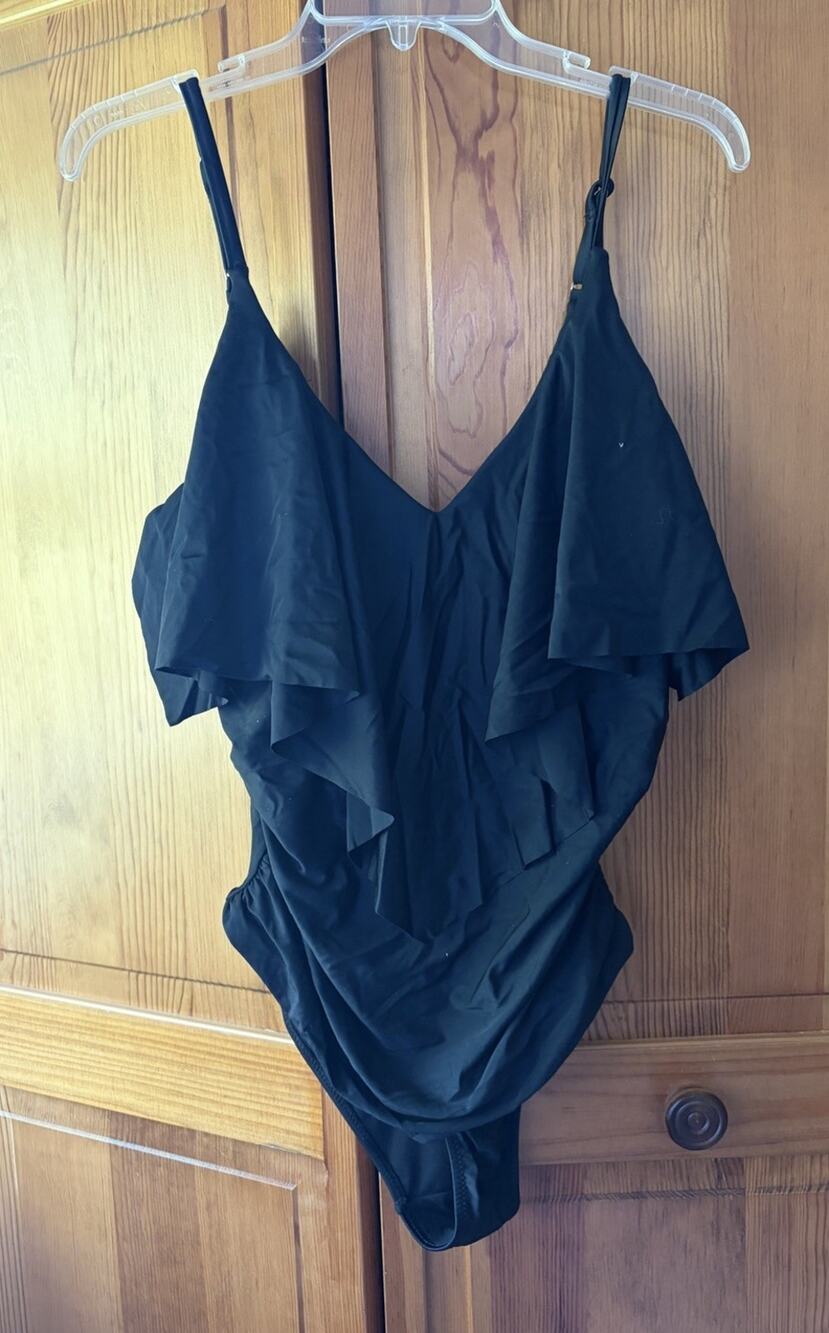RUUHEE Women’s V-Neck Ruffled Flounce One Piece Black Swimsuit XL